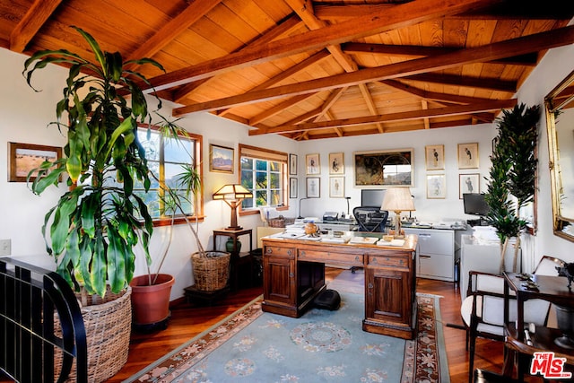 home office with wood-type flooring, vaulted ceiling with beams, and wooden ceiling