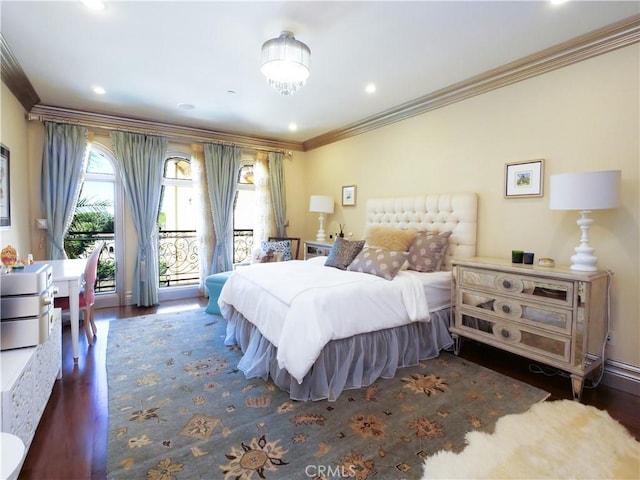 bedroom featuring access to outside, crown molding, wood finished floors, and recessed lighting