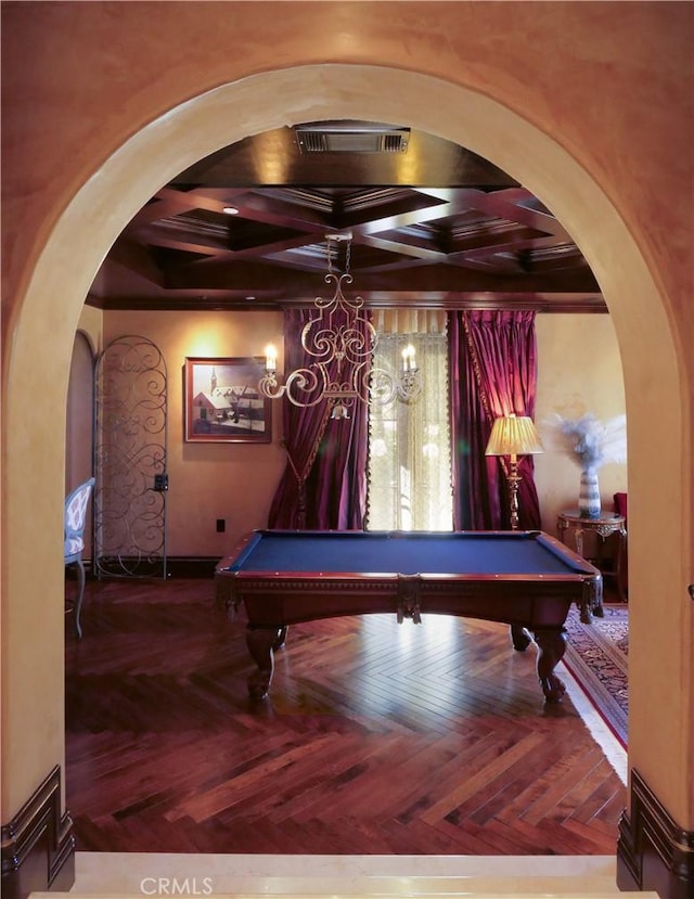 rec room featuring visible vents, arched walkways, coffered ceiling, and pool table