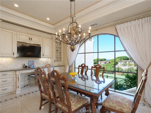 dining room featuring light tile patterned floors, recessed lighting, visible vents, and ornamental molding