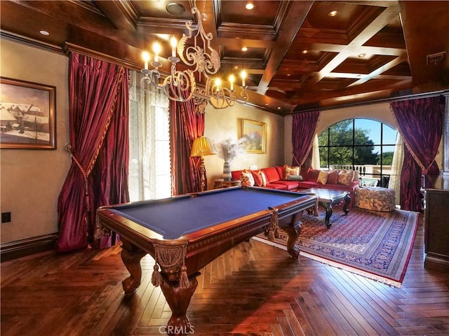 playroom featuring a notable chandelier, pool table, coffered ceiling, baseboards, and crown molding