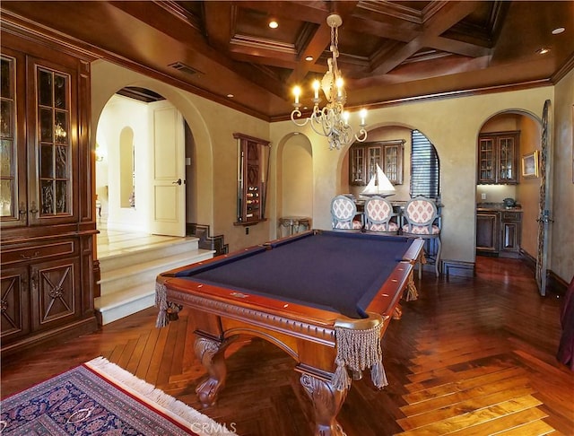 playroom with crown molding, beamed ceiling, visible vents, coffered ceiling, and billiards