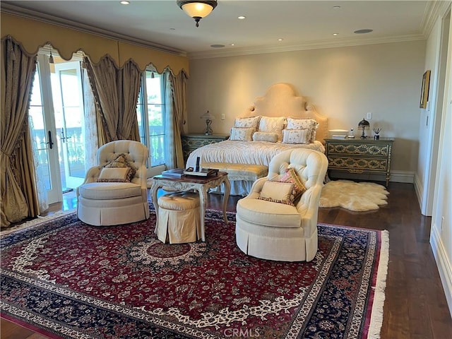 bedroom featuring baseboards, wood finished floors, access to exterior, crown molding, and recessed lighting