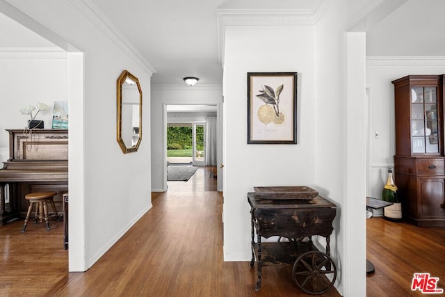 hallway featuring dark wood-type flooring and ornamental molding