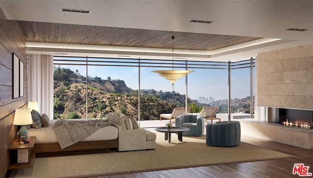 living room with a raised ceiling, wood-type flooring, and a fireplace