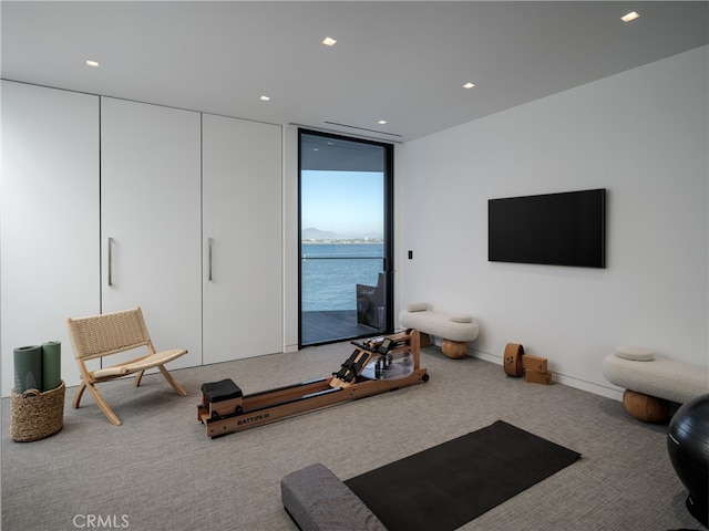 interior space featuring a water view and light colored carpet