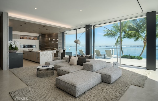 living room featuring a water view, sink, a healthy amount of sunlight, and expansive windows