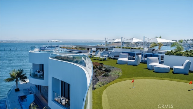 birds eye view of property featuring a water view