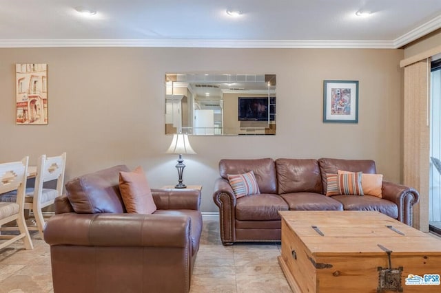 living room with ornamental molding