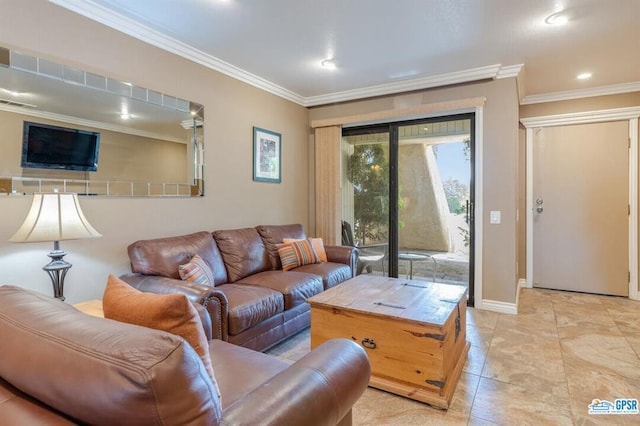 living room featuring crown molding