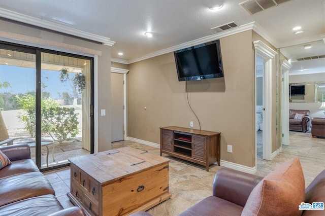 living room with ornamental molding