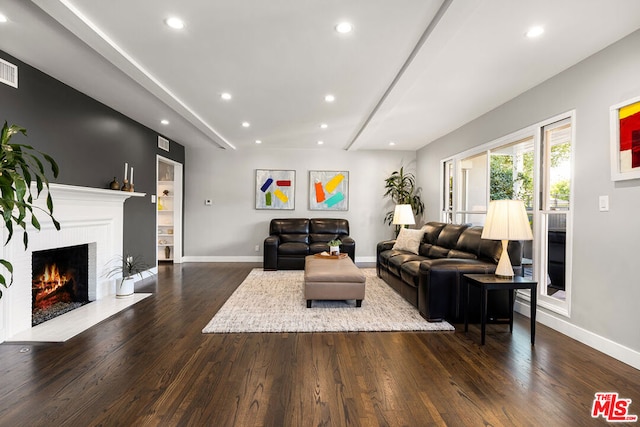 living room featuring a fireplace and dark hardwood / wood-style flooring