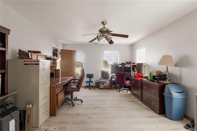 office area featuring ceiling fan and light wood-type flooring