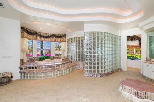 interior space featuring light colored carpet and a tray ceiling