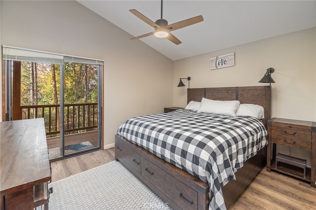 bedroom with high vaulted ceiling, access to exterior, ceiling fan, and light hardwood / wood-style flooring