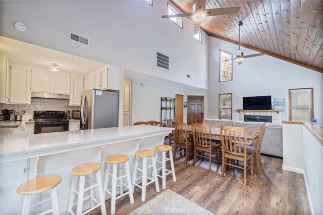 kitchen with stainless steel fridge, ceiling fan, electric range, white cabinets, and wooden ceiling