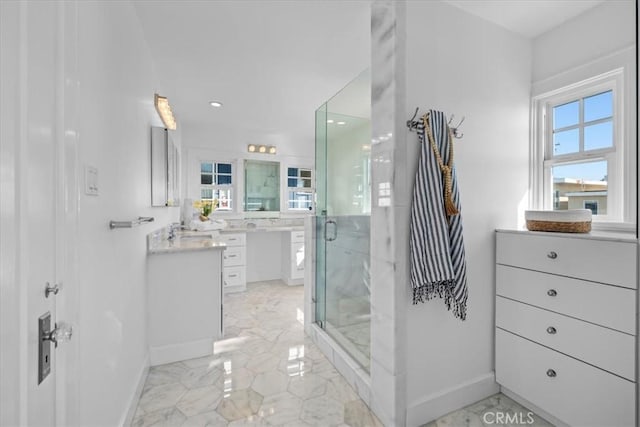1000 The Strand, Manhattan Beach, CA 90266 - full bathroom featuring baseboards, vanity, a stall shower, marble finish floors, and recessed lighting