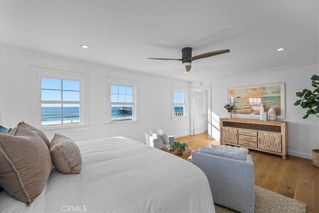 1000 The Strand, Manhattan Beach, CA 90266 - bedroom featuring crown molding, wood finished floors, recessed lighting, a ceiling fan, and baseboards