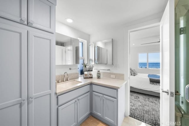 bathroom featuring hardwood / wood-style floors, vanity, and a water view