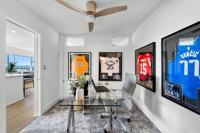 office featuring light hardwood / wood-style floors and ceiling fan