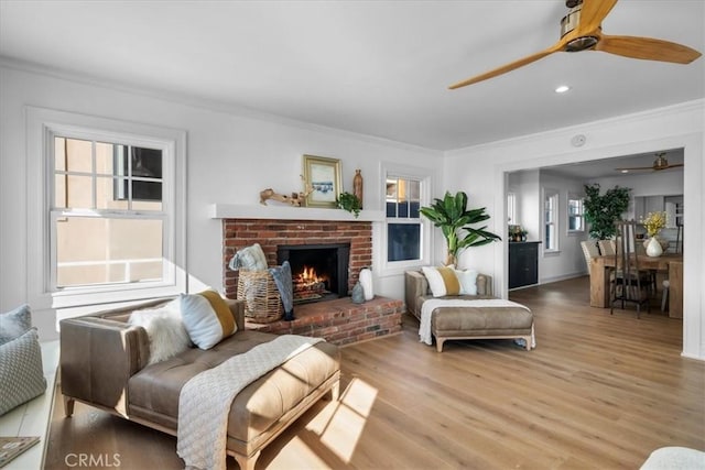 living room with a fireplace, light hardwood / wood-style flooring, and crown molding