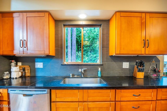 kitchen featuring tasteful backsplash, sink, and stainless steel dishwasher