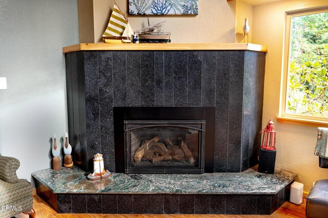 details with a fireplace and hardwood / wood-style flooring