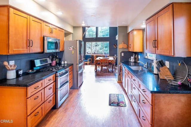 kitchen featuring decorative backsplash, sink, stainless steel appliances, and light hardwood / wood-style flooring