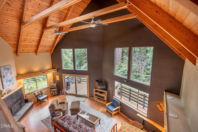 living room featuring hardwood / wood-style flooring, high vaulted ceiling, ceiling fan, and a healthy amount of sunlight