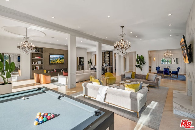 playroom featuring crown molding, pool table, and built in shelves