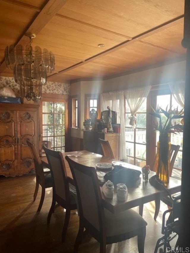 dining space with a notable chandelier, a healthy amount of sunlight, and wooden ceiling