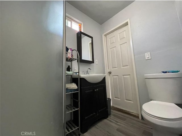 bathroom featuring vanity, toilet, and wood-type flooring