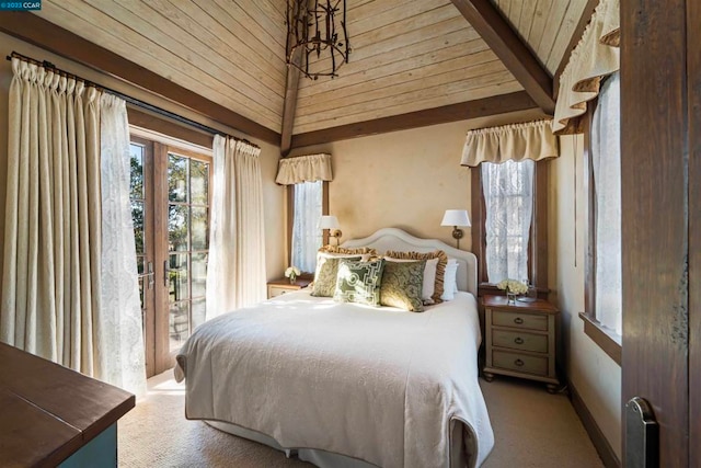 bedroom with access to outside, french doors, vaulted ceiling, and light colored carpet