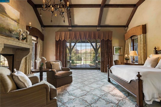 bedroom featuring beam ceiling, access to exterior, high vaulted ceiling, and an inviting chandelier