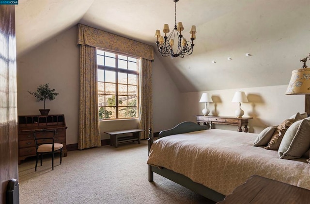 carpeted bedroom with a chandelier and vaulted ceiling