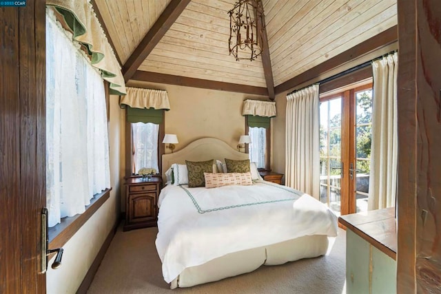 carpeted bedroom featuring wooden ceiling, access to exterior, and lofted ceiling