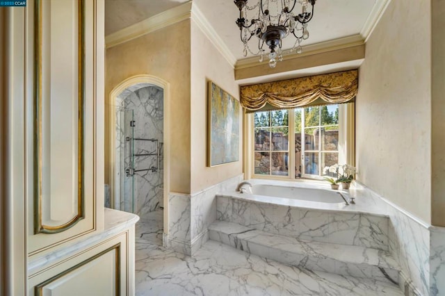 bathroom with shower with separate bathtub, an inviting chandelier, and crown molding