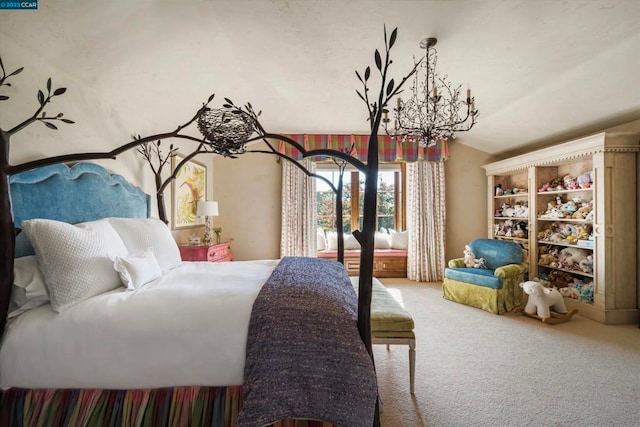 bedroom with light colored carpet, a chandelier, and lofted ceiling