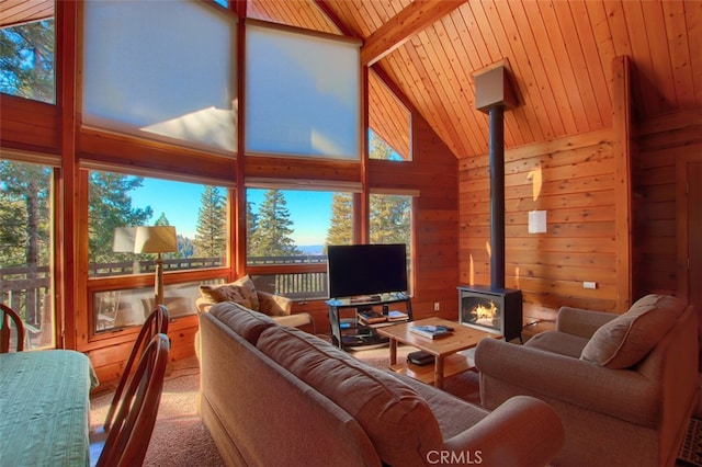 living room with a wood stove, wood ceiling, a healthy amount of sunlight, and wood walls