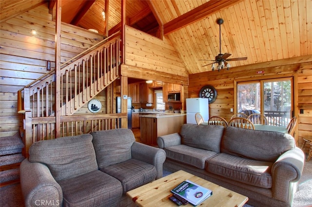 living room featuring wooden ceiling, high vaulted ceiling, ceiling fan, and wooden walls