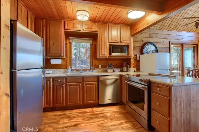 kitchen with sink, wooden ceiling, stainless steel appliances, wood walls, and light hardwood / wood-style floors