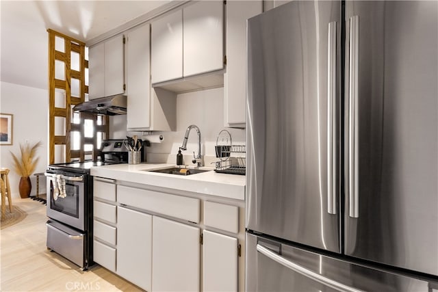 kitchen with ventilation hood, appliances with stainless steel finishes, sink, and white cabinetry