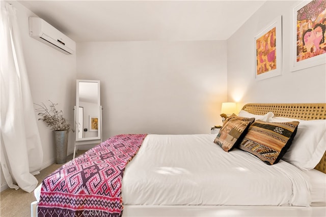 bedroom featuring carpet flooring and an AC wall unit