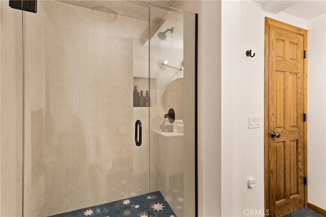 bathroom featuring a shower with door