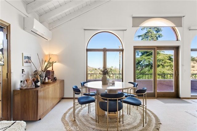 dining space featuring beamed ceiling, high vaulted ceiling, wooden ceiling, light colored carpet, and a wall mounted air conditioner