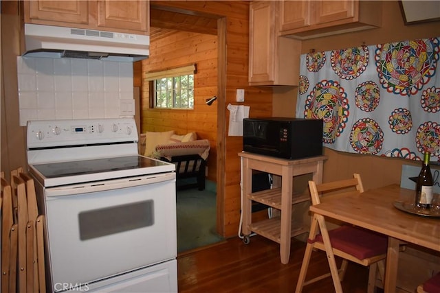 47 Ice House Mt, Baldy, CA 91759 - kitchen featuring black microwave, dark wood-style floors, wooden walls, white range with electric stovetop, and under cabinet range hood
