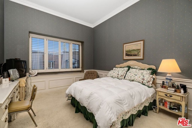 bedroom featuring light carpet and crown molding