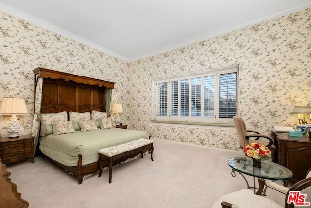 carpeted bedroom with crown molding