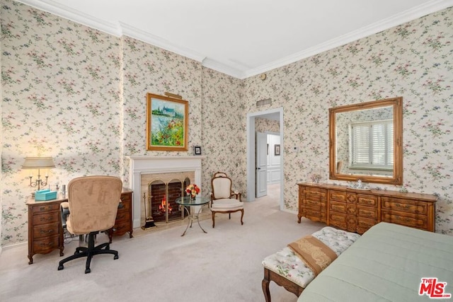 carpeted bedroom with crown molding