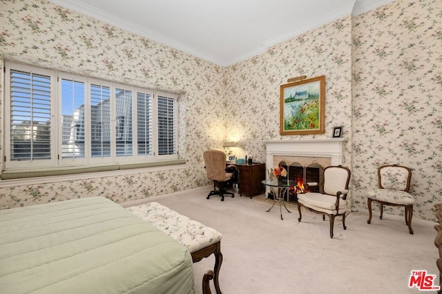 carpeted bedroom featuring ornamental molding